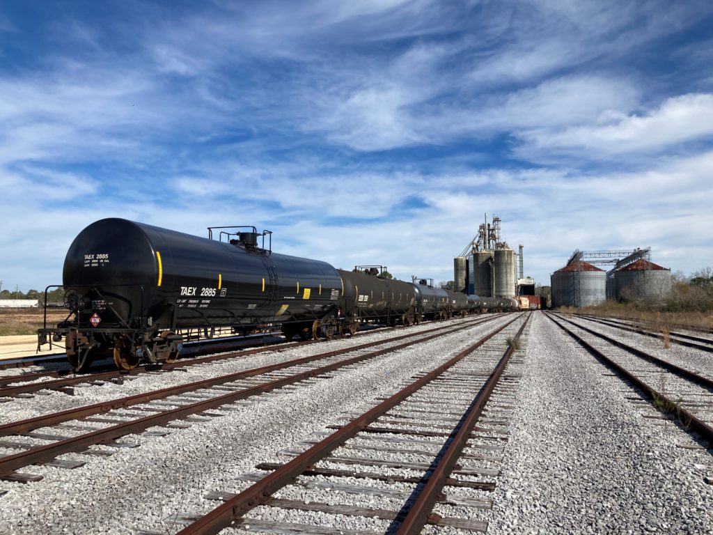 A train spotting tank railcars on one of seven railroad tracks at a new facility.